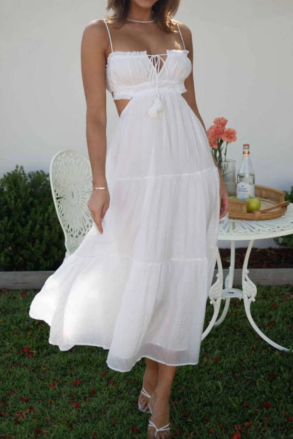 Cutout Square Neck Midi Cami Dress with Tied, Ruched, and Backless Details.
