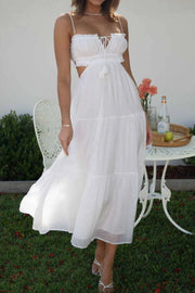 Cutout Square Neck Midi Cami Dress with Tied, Ruched, and Backless Details.
