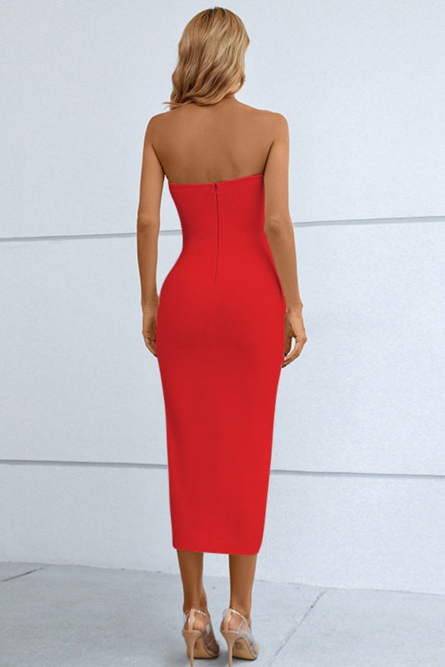 Cutout Strapless Drawstring Detail Split Bandage Dress.