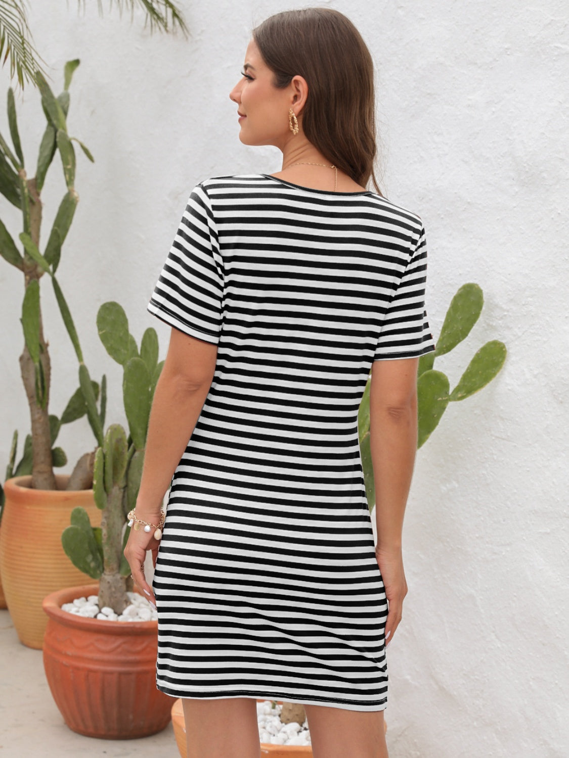 Cutout Striped Round Neck Short Sleeve Dress.