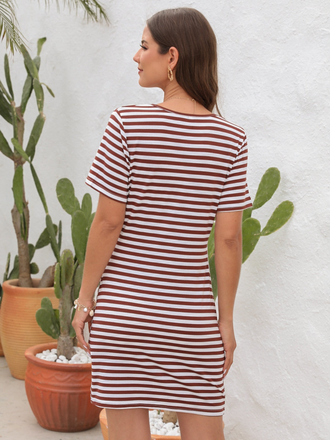 Cutout Striped Round Neck Short Sleeve Dress.