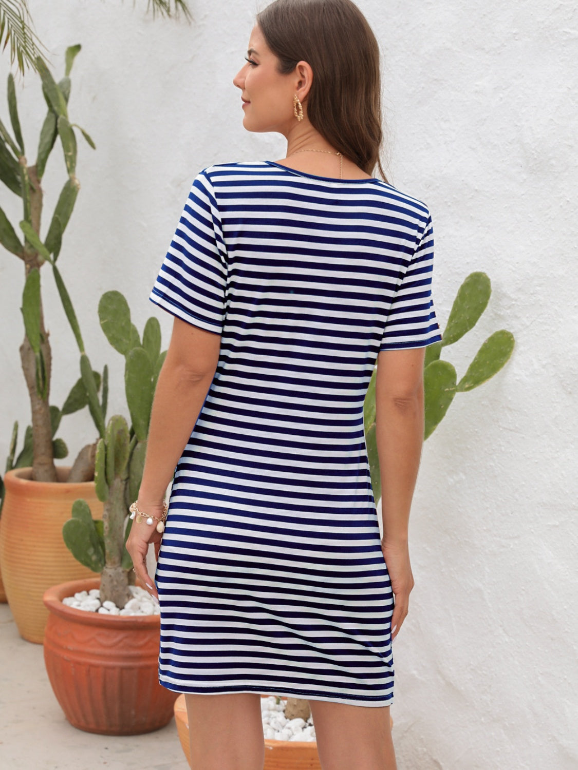 Cutout Striped Round Neck Short Sleeve Dress.