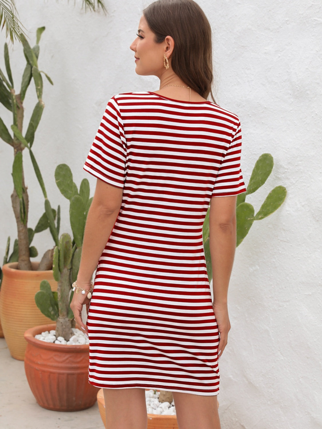 Cutout Striped Round Neck Short Sleeve Dress.