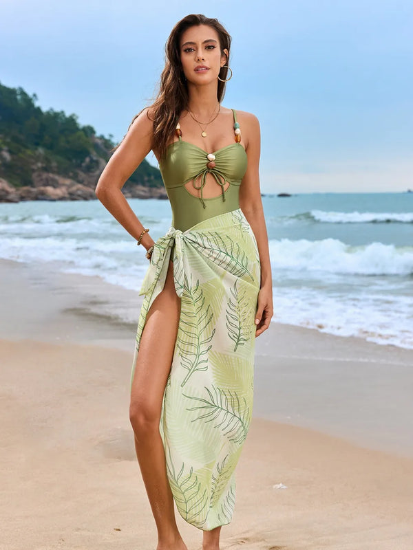 Cutout Sweetheart Neck One-Piece Swimwear and Cover-Up Swim Set.