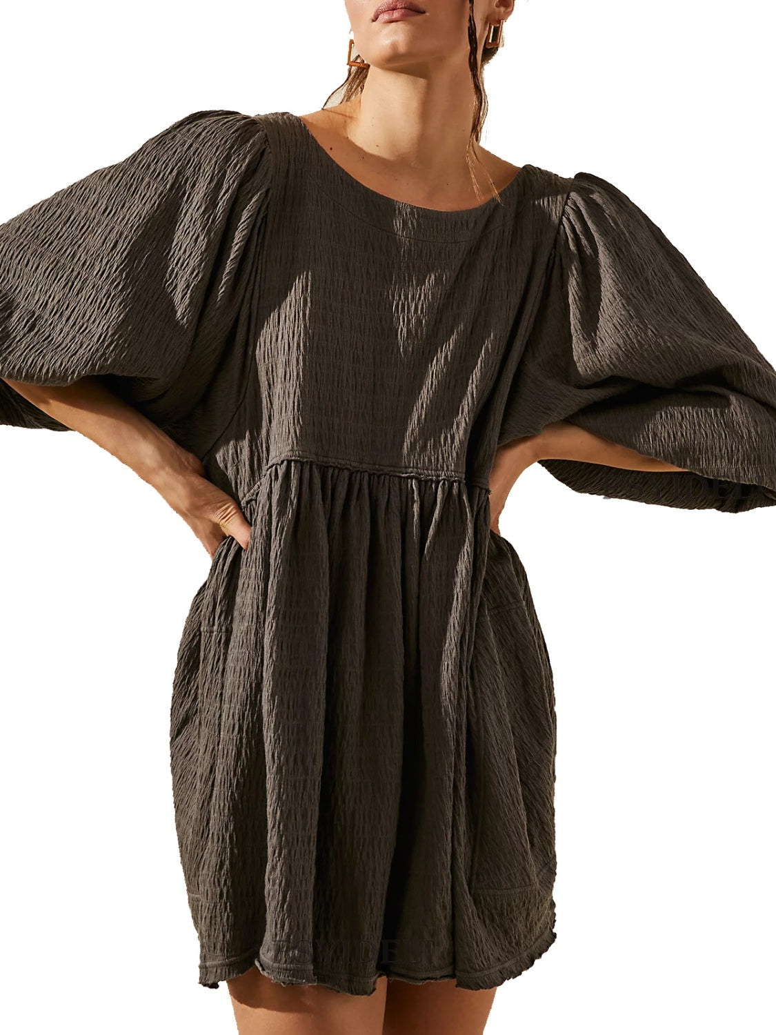 Cutout Textured Long Sleeve Mini Dress.