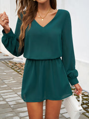 Devine Cutout V-Neck Long Sleeve Mini Dress.