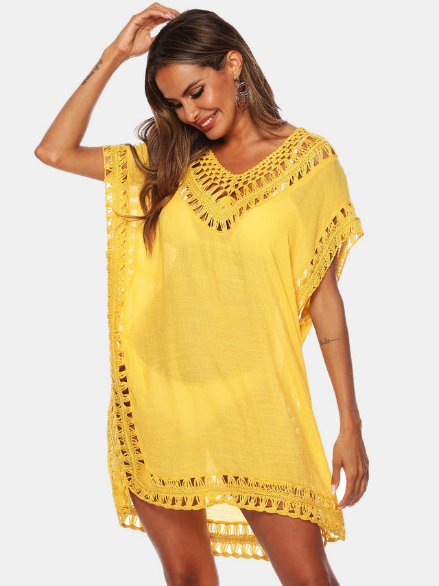 Cutout V-Neck Short Sleeve Cover-Up.