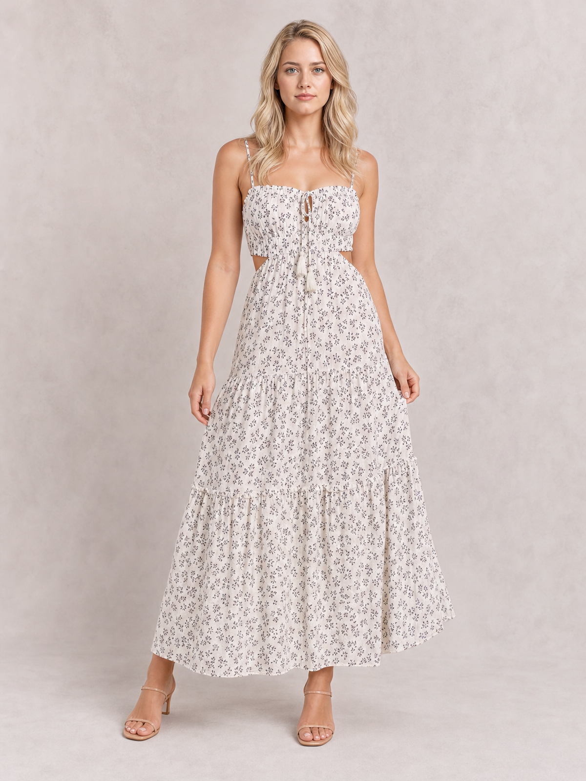 Cutout Printed Sleeveless Midi Cami Dress