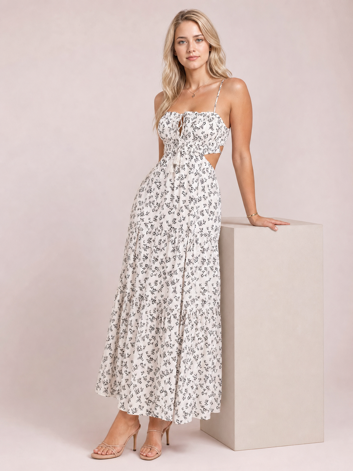 Cutout Printed Sleeveless Midi Cami Dress