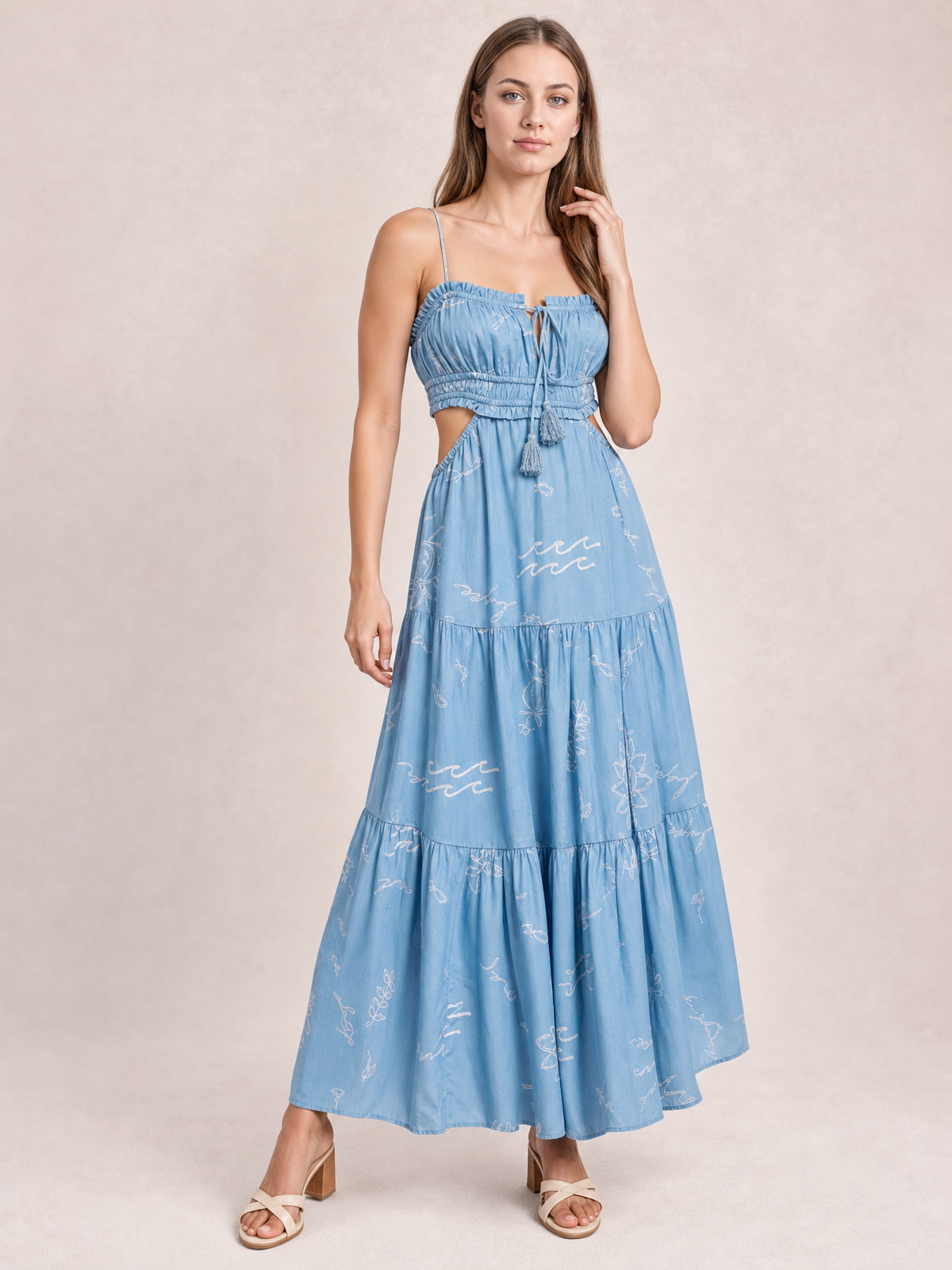 Cutout Printed Sleeveless Midi Cami Dress