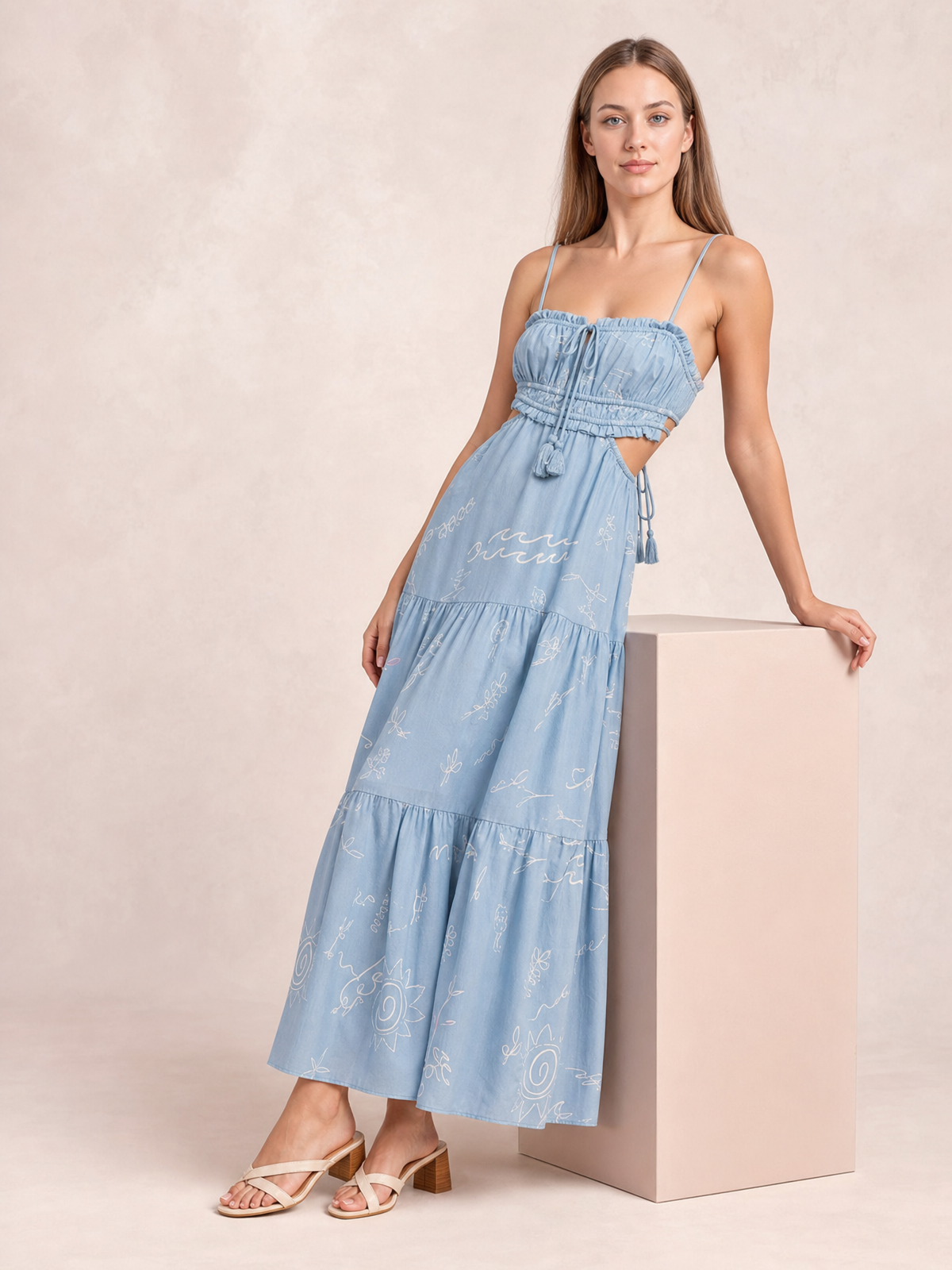 Cutout Printed Sleeveless Midi Cami Dress