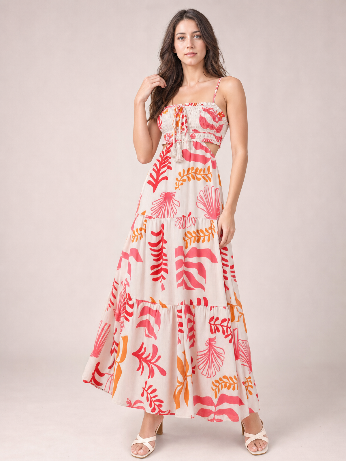 Cutout Printed Sleeveless Midi Cami Dress