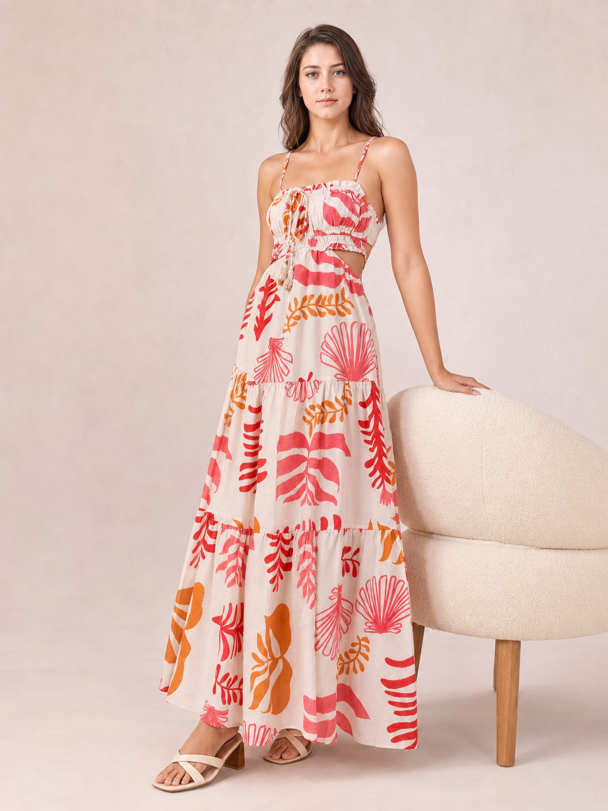 Cutout Printed Sleeveless Midi Cami Dress