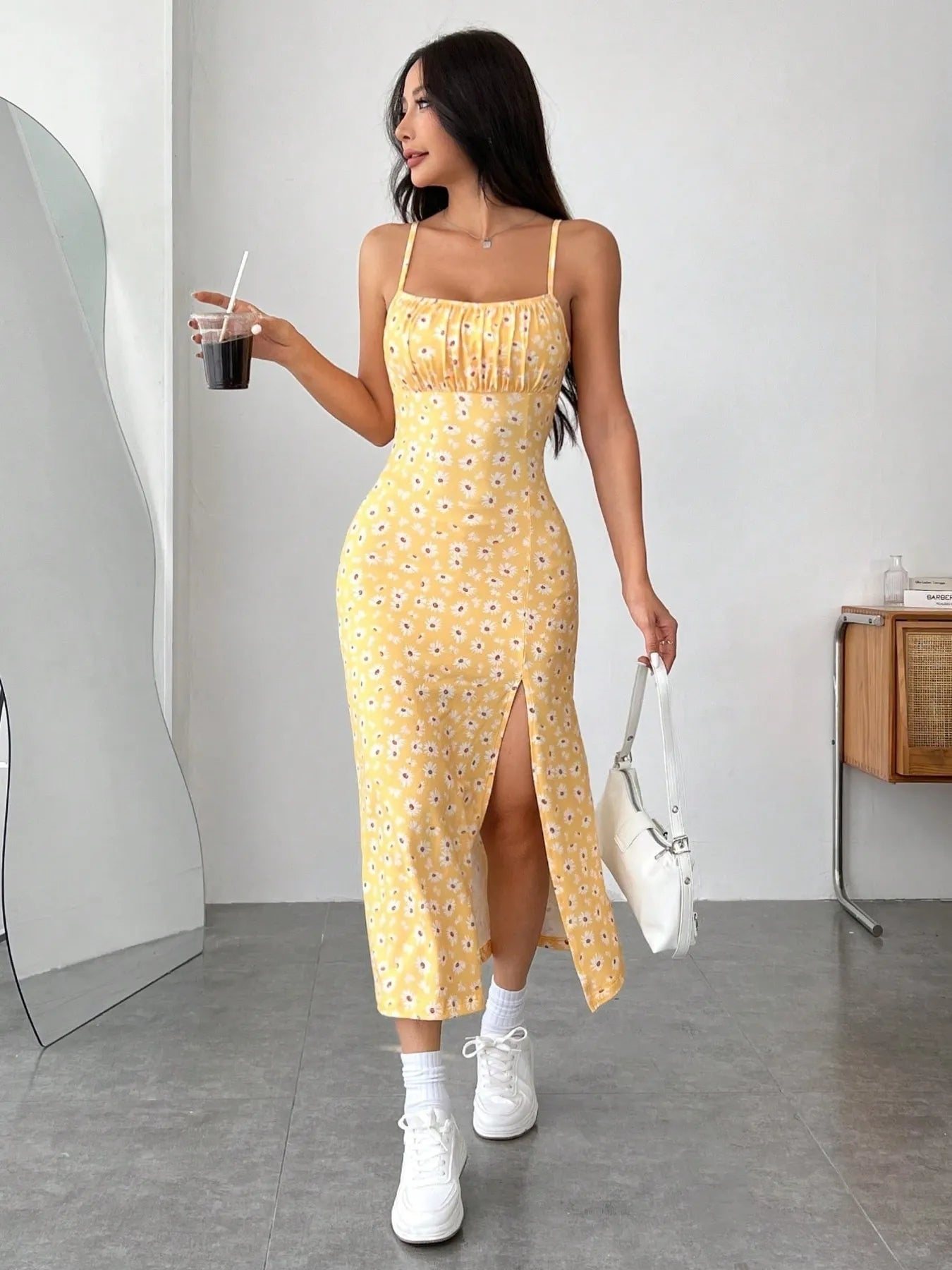 Daisy Print Cami Midi Dress with Slit.