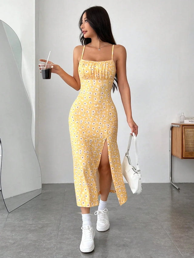 Daisy Print Cami Midi Dress with Slit.