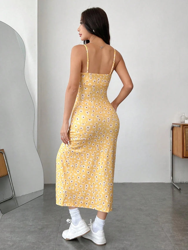 Daisy Print Cami Midi Dress with Slit.