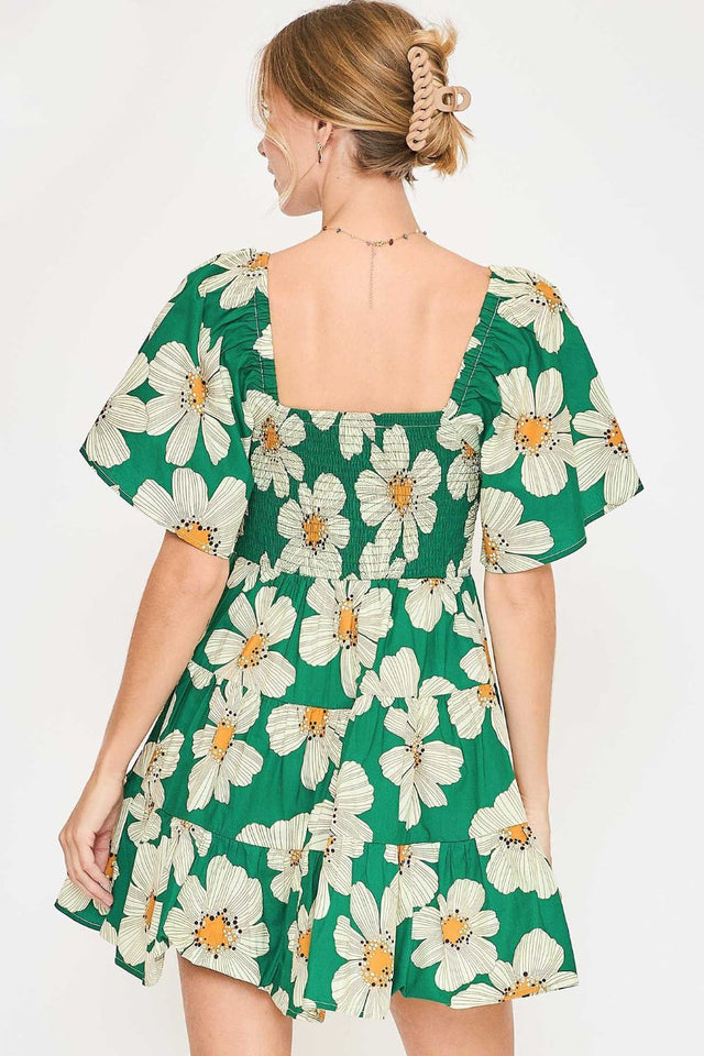 Umgee Plus Size Daisy Print Mini Dress with Ribbon Details.