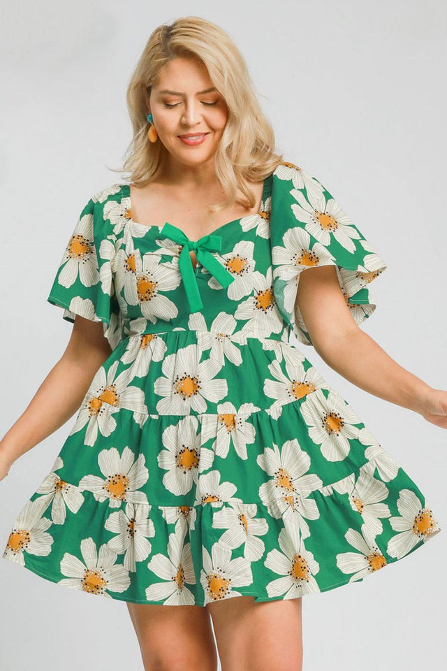 Umgee Plus Size Daisy Print Mini Dress with Ribbon Details.