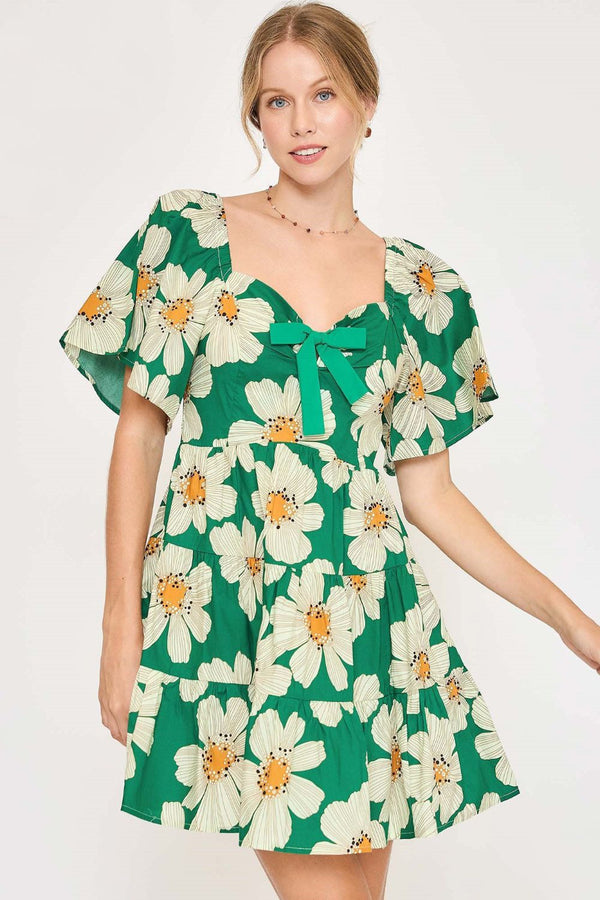 Umgee Plus Size Daisy Print Mini Dress with Ribbon Details.