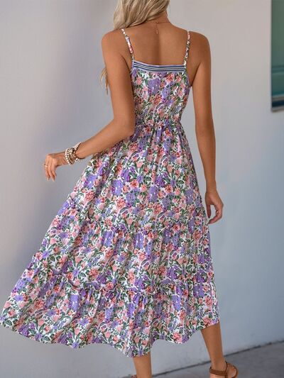 Perfee Decor Button Printed Sleeveless Tiered Midi Dress.