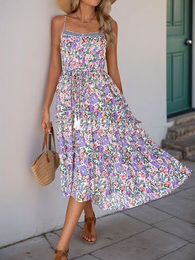 Perfee Decor Button Printed Sleeveless Tiered Midi Dress.
