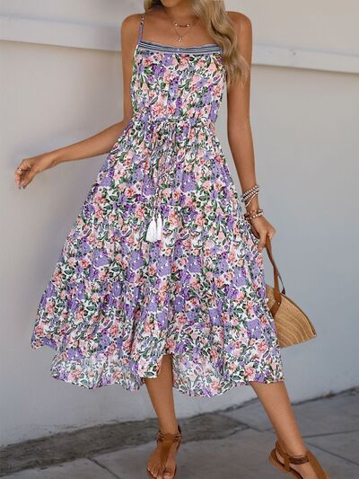 Perfee Decor Button Printed Sleeveless Tiered Midi Dress.