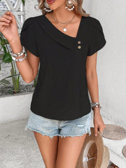 Decorative button asymmetrical neck blouse.