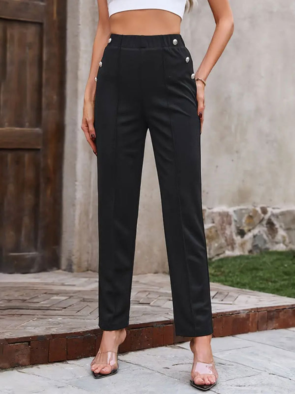 Decorative button elastic waist pants, opaque.