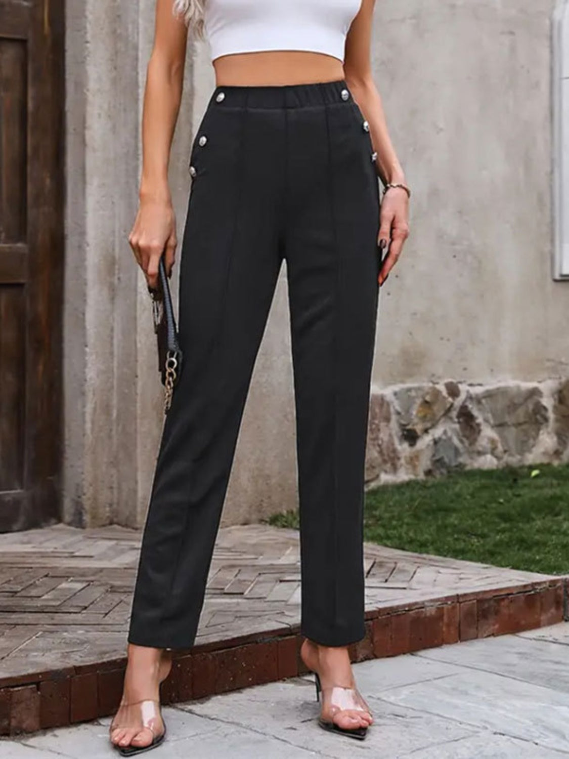 Decorative button elastic waist pants, opaque.
