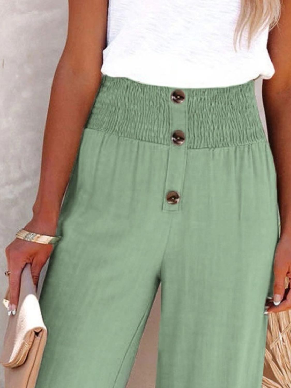 Decorative button high waist pants, opaque.