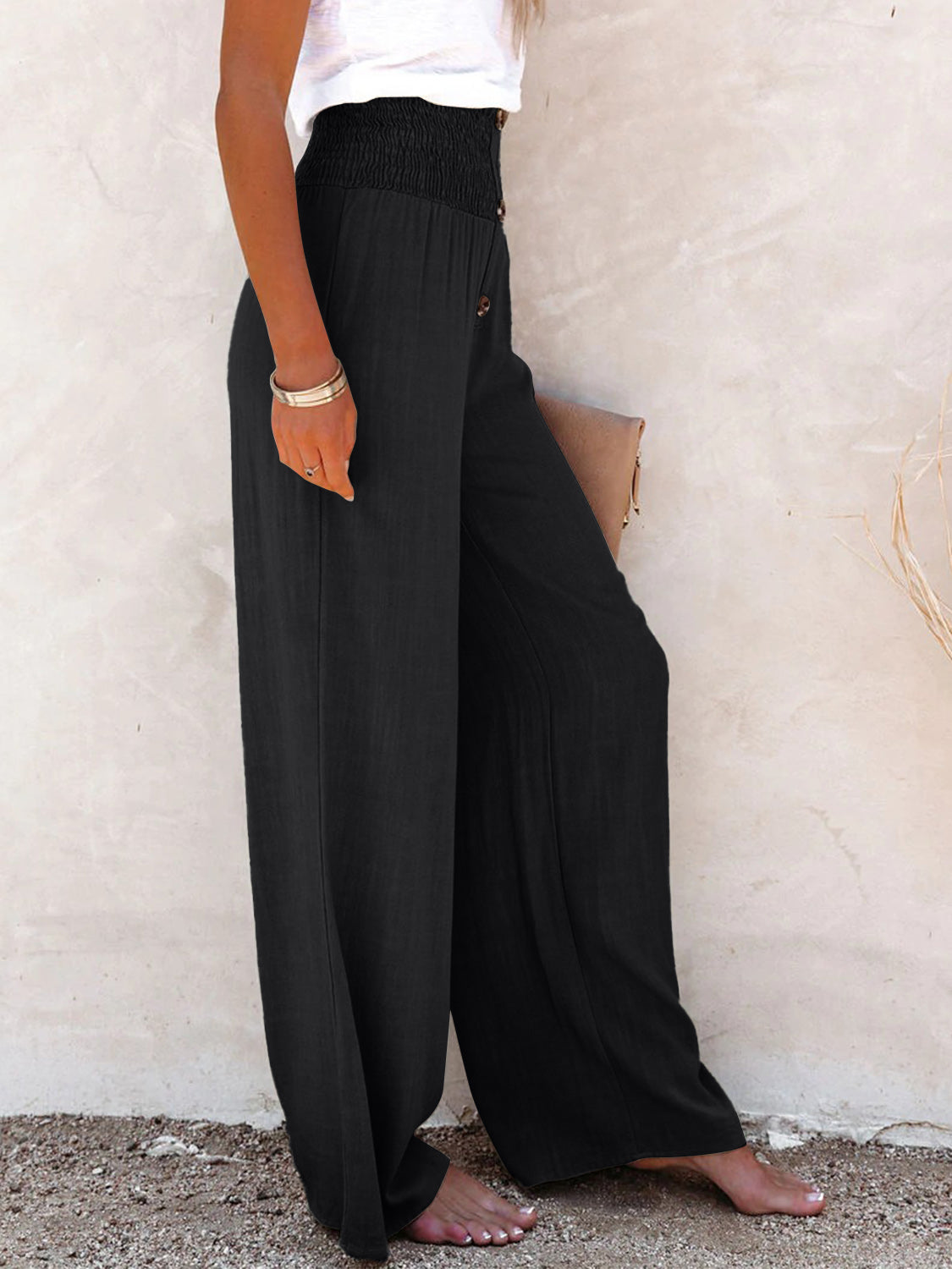 Decorative button high waist pants, opaque.