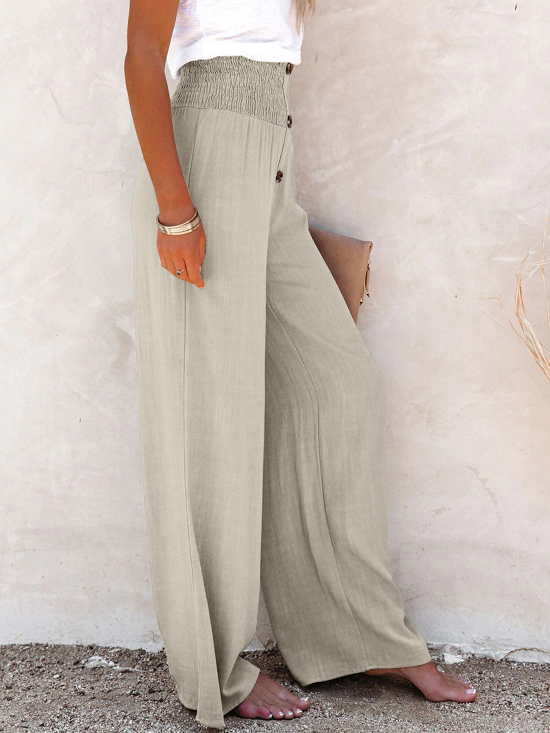 Decorative button high waist pants, opaque.
