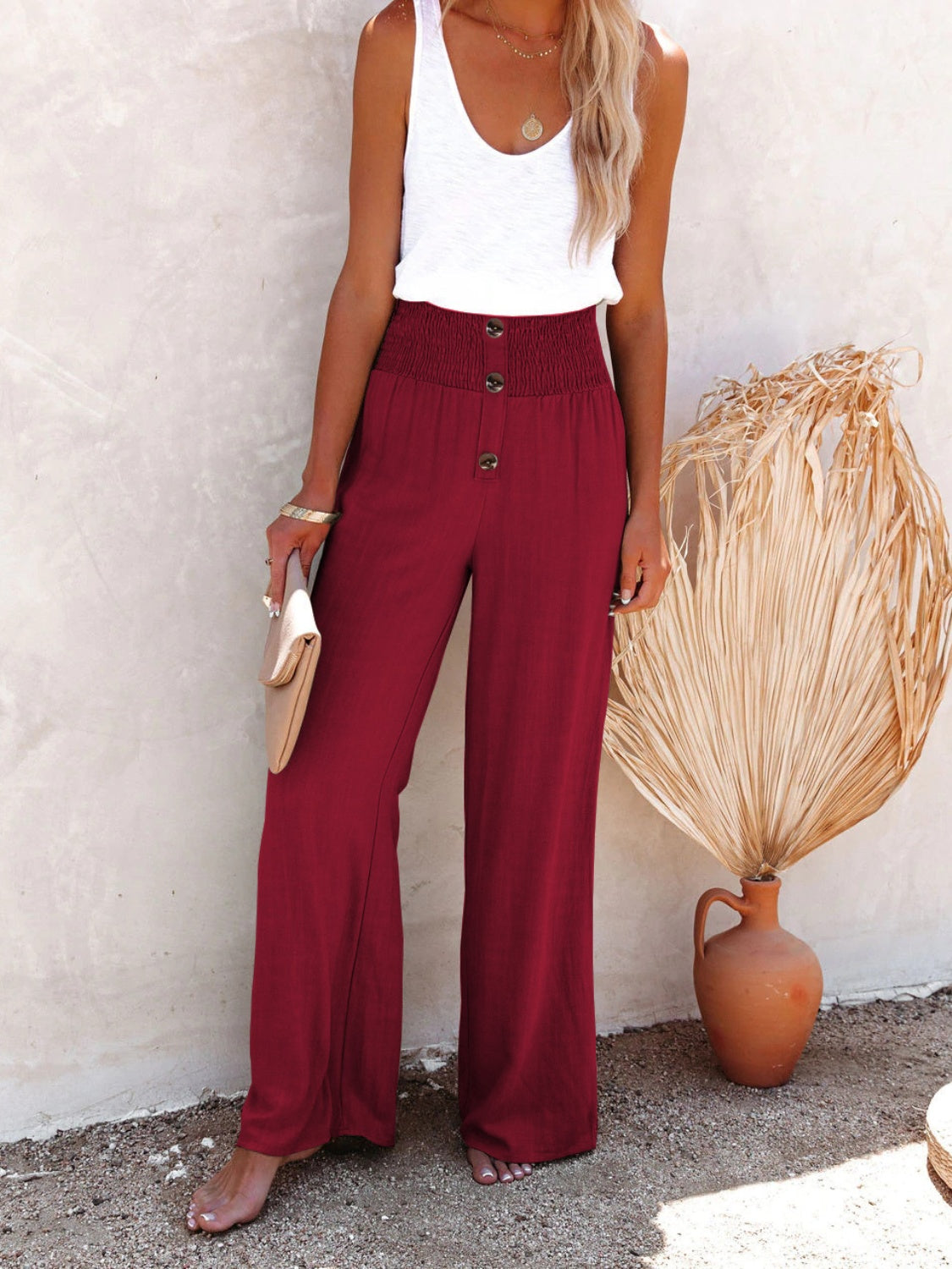 Decorative button high waist pants, opaque.