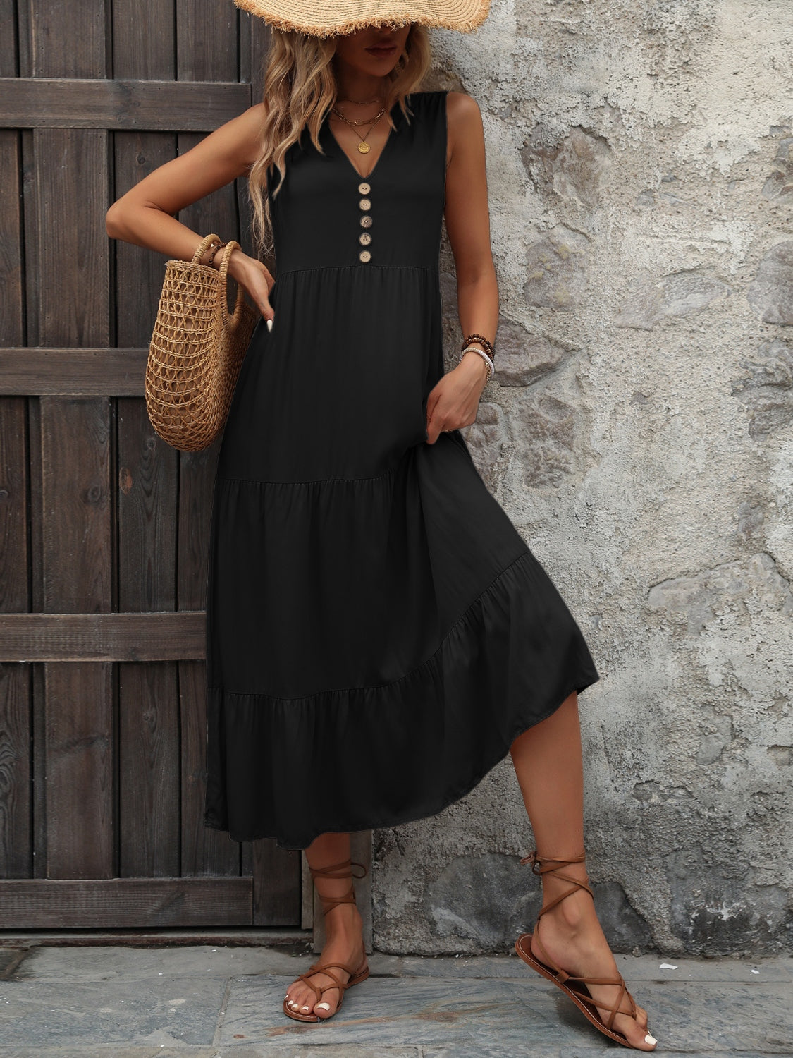 Ivy Lane Decorative Button Notched Sleeveless Dress.