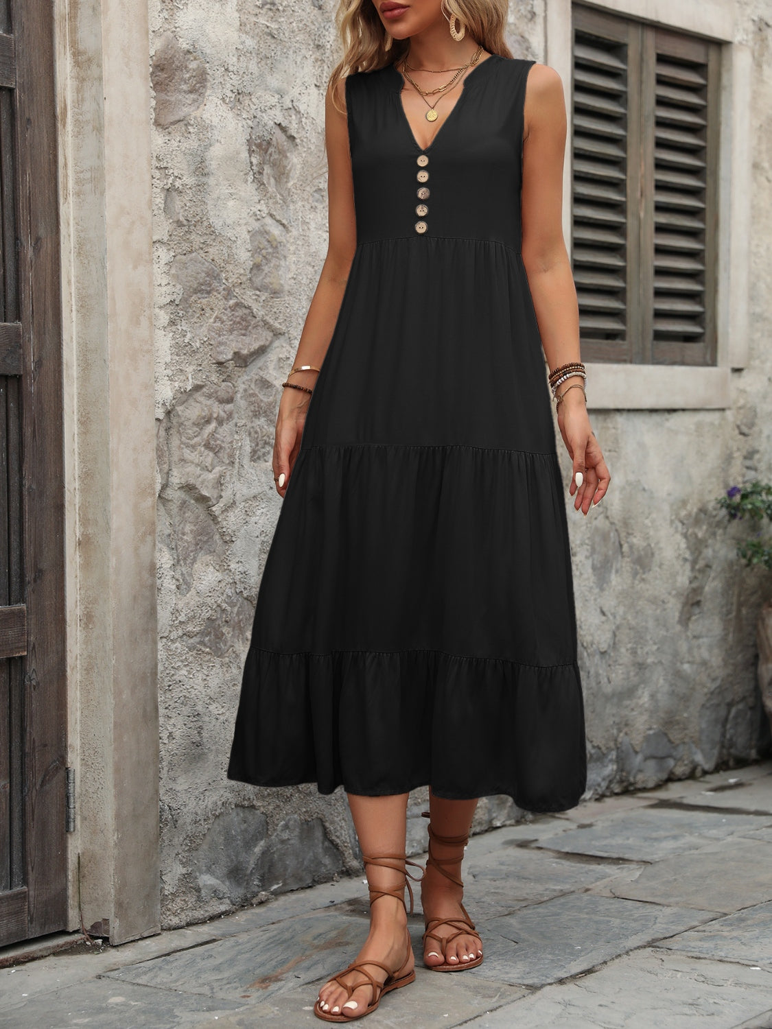 Ivy Lane Decorative Button Notched Sleeveless Dress.
