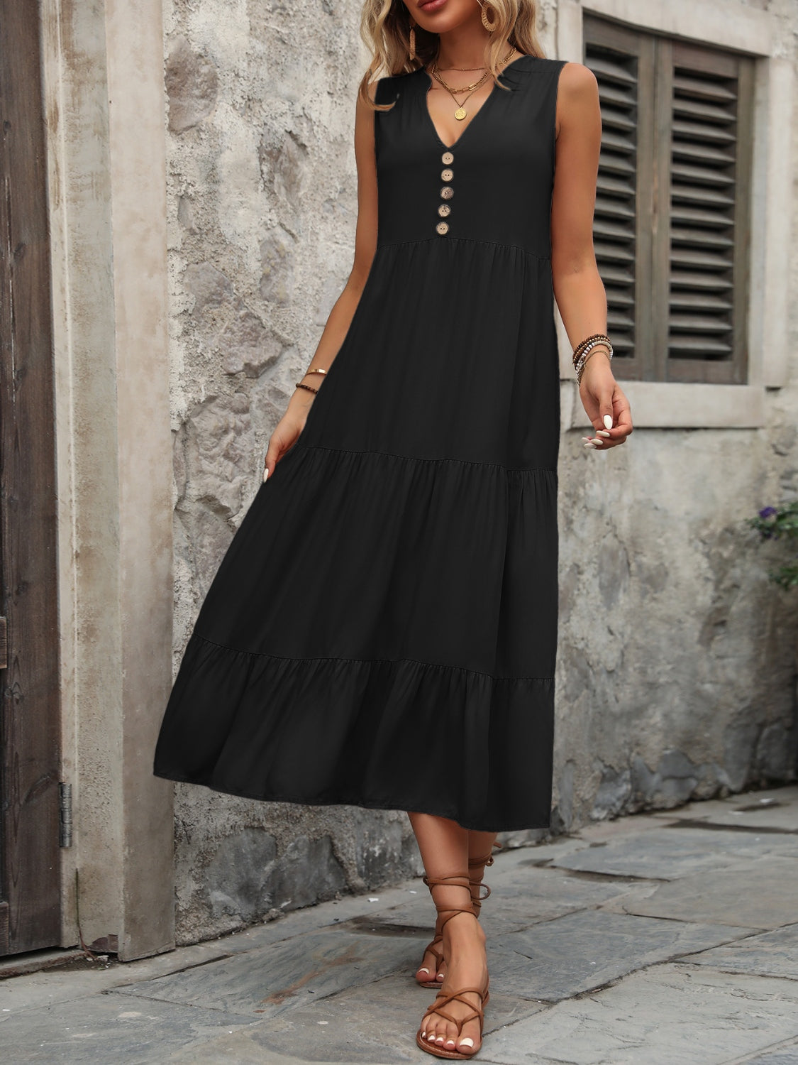 Ivy Lane Decorative Button Notched Sleeveless Dress.