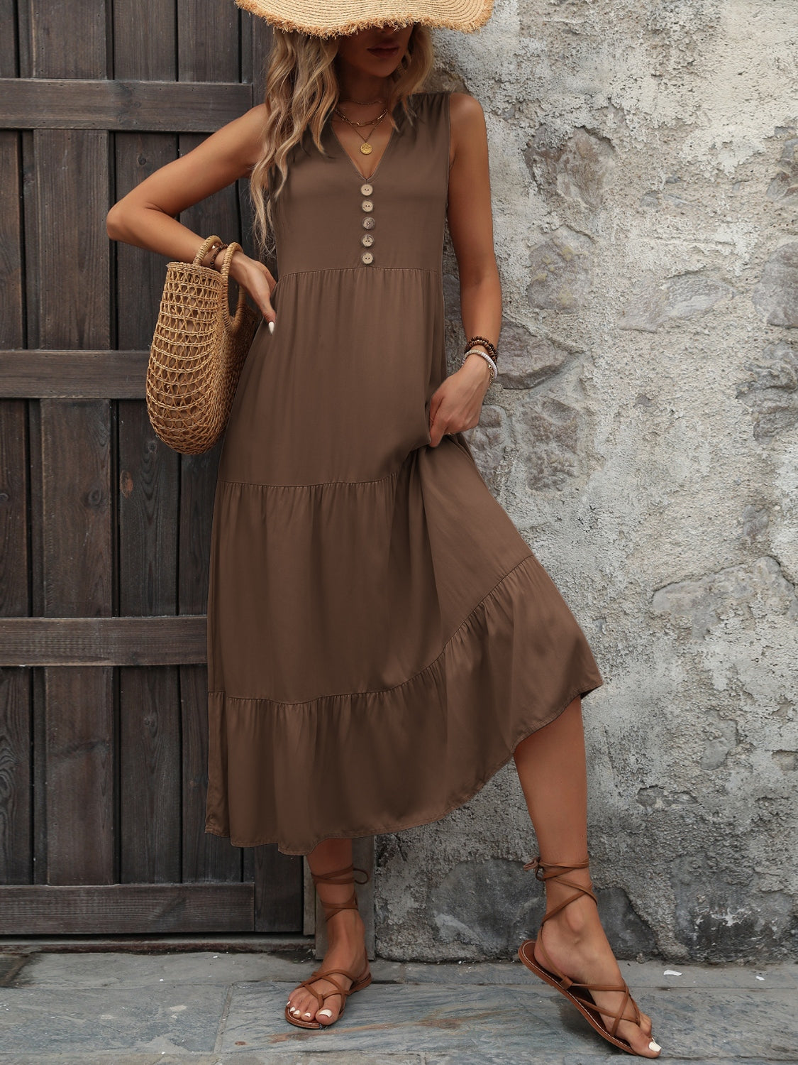 Ivy Lane Decorative Button Notched Sleeveless Dress.
