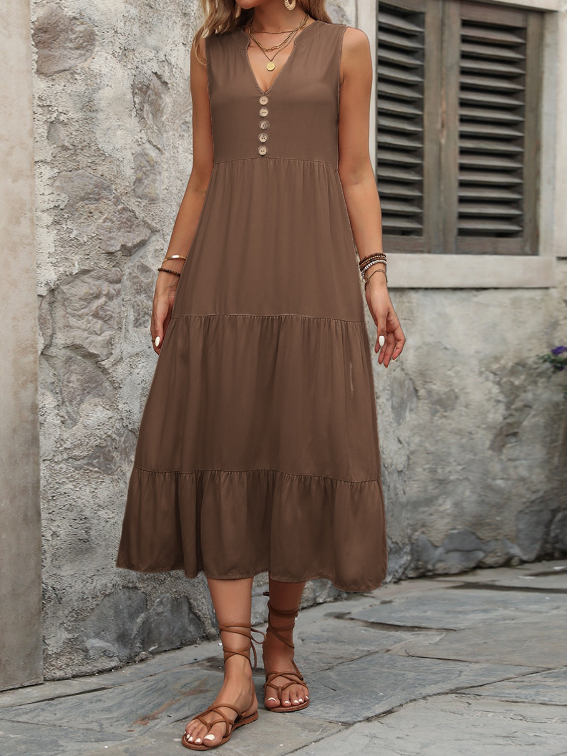 Ivy Lane Decorative Button Notched Sleeveless Dress.