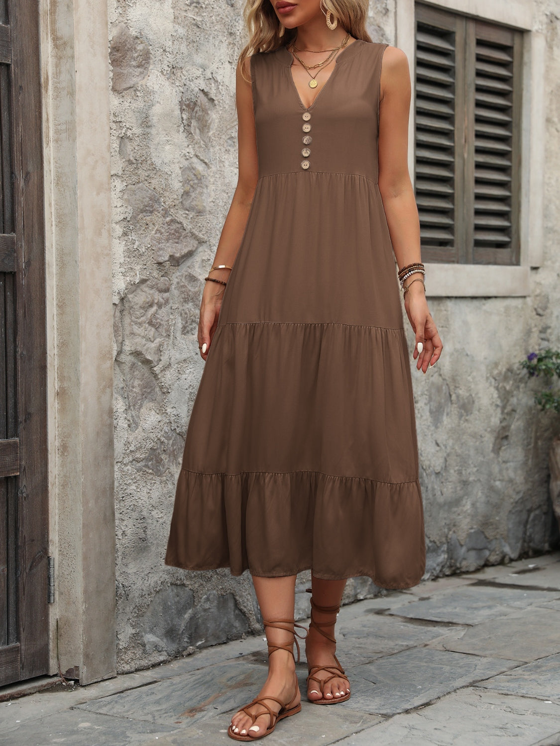 Ivy Lane Decorative Button Notched Sleeveless Dress.