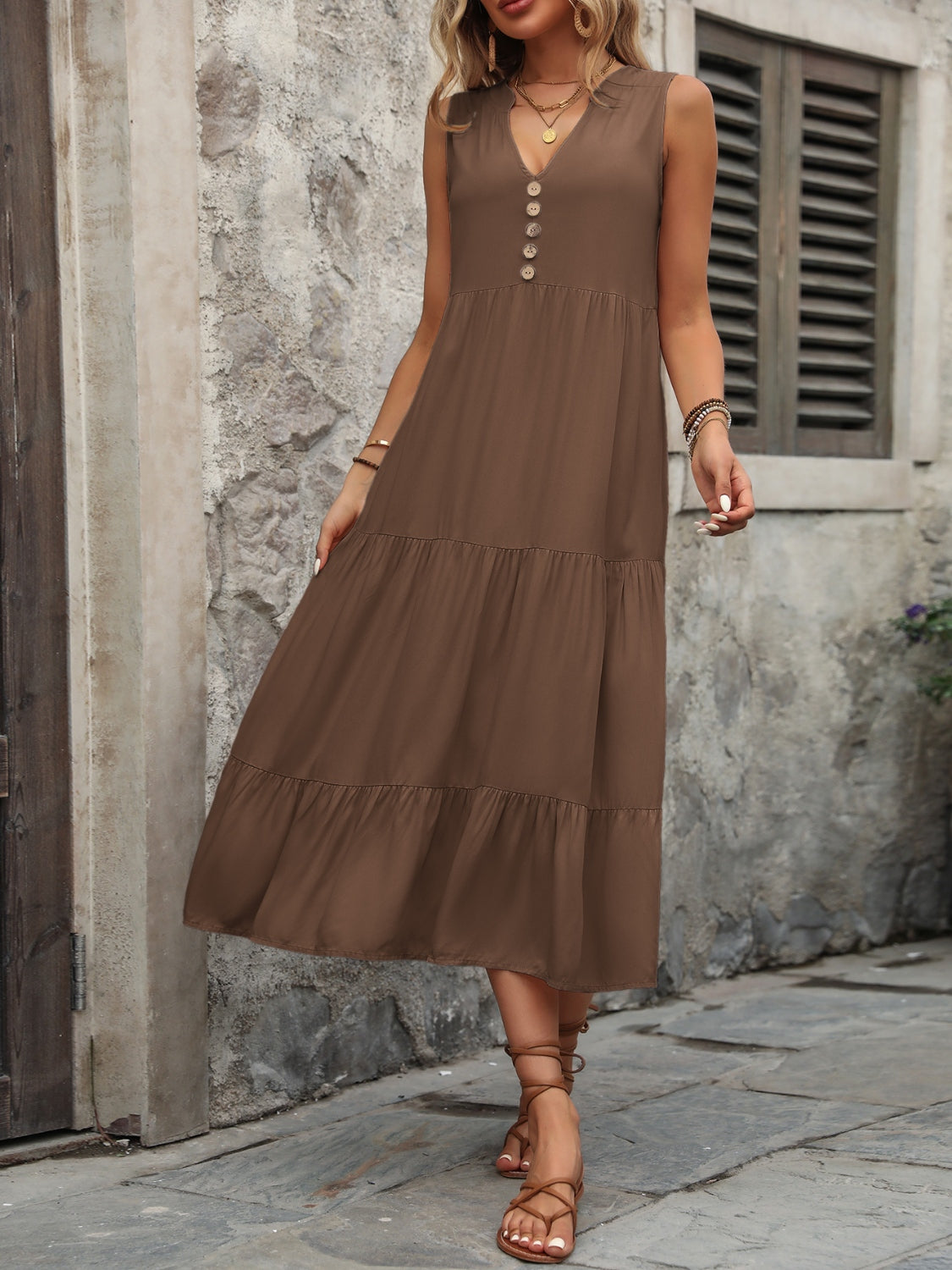 Ivy Lane Decorative Button Notched Sleeveless Dress.