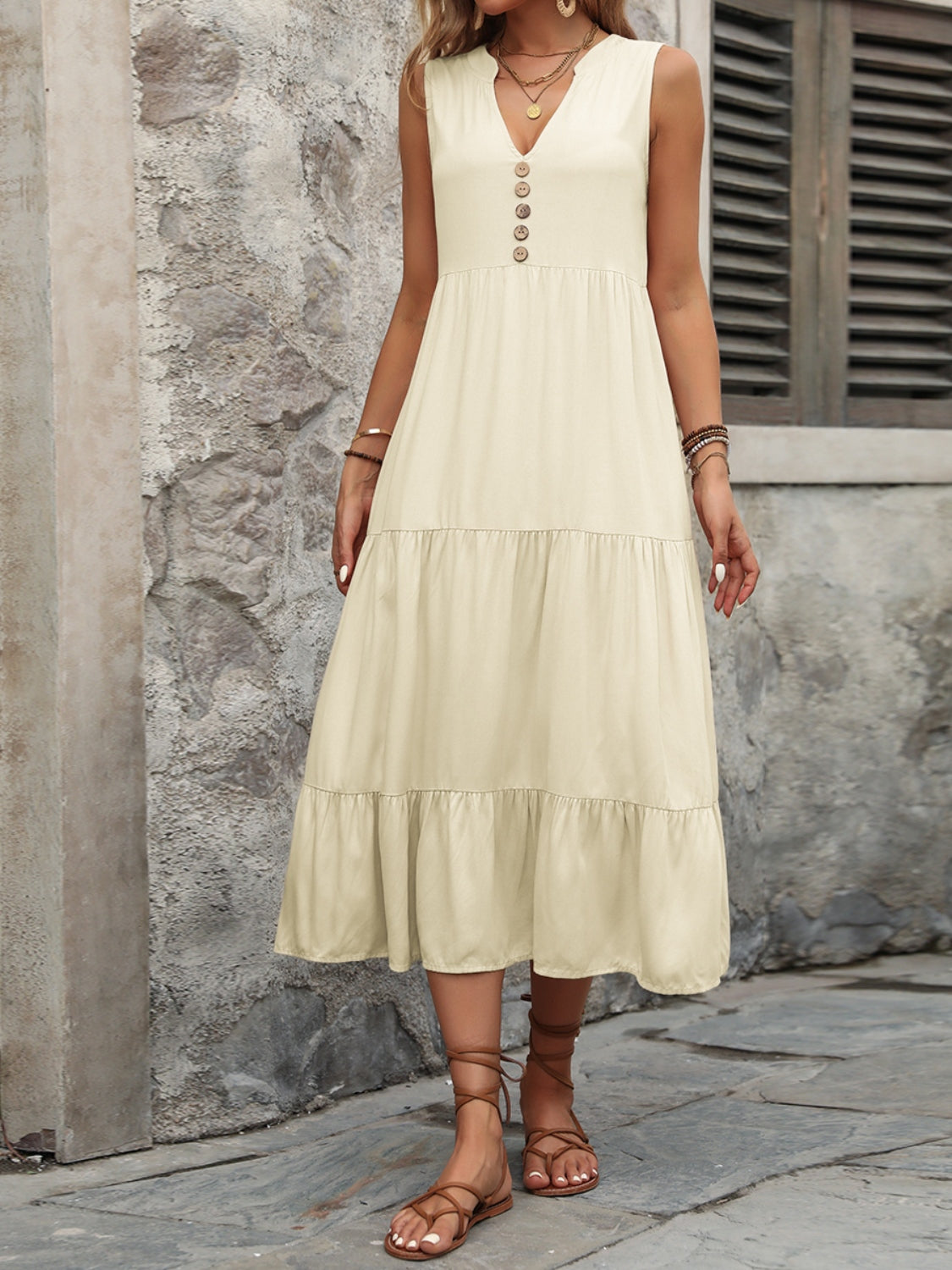 Ivy Lane Decorative Button Notched Sleeveless Dress.