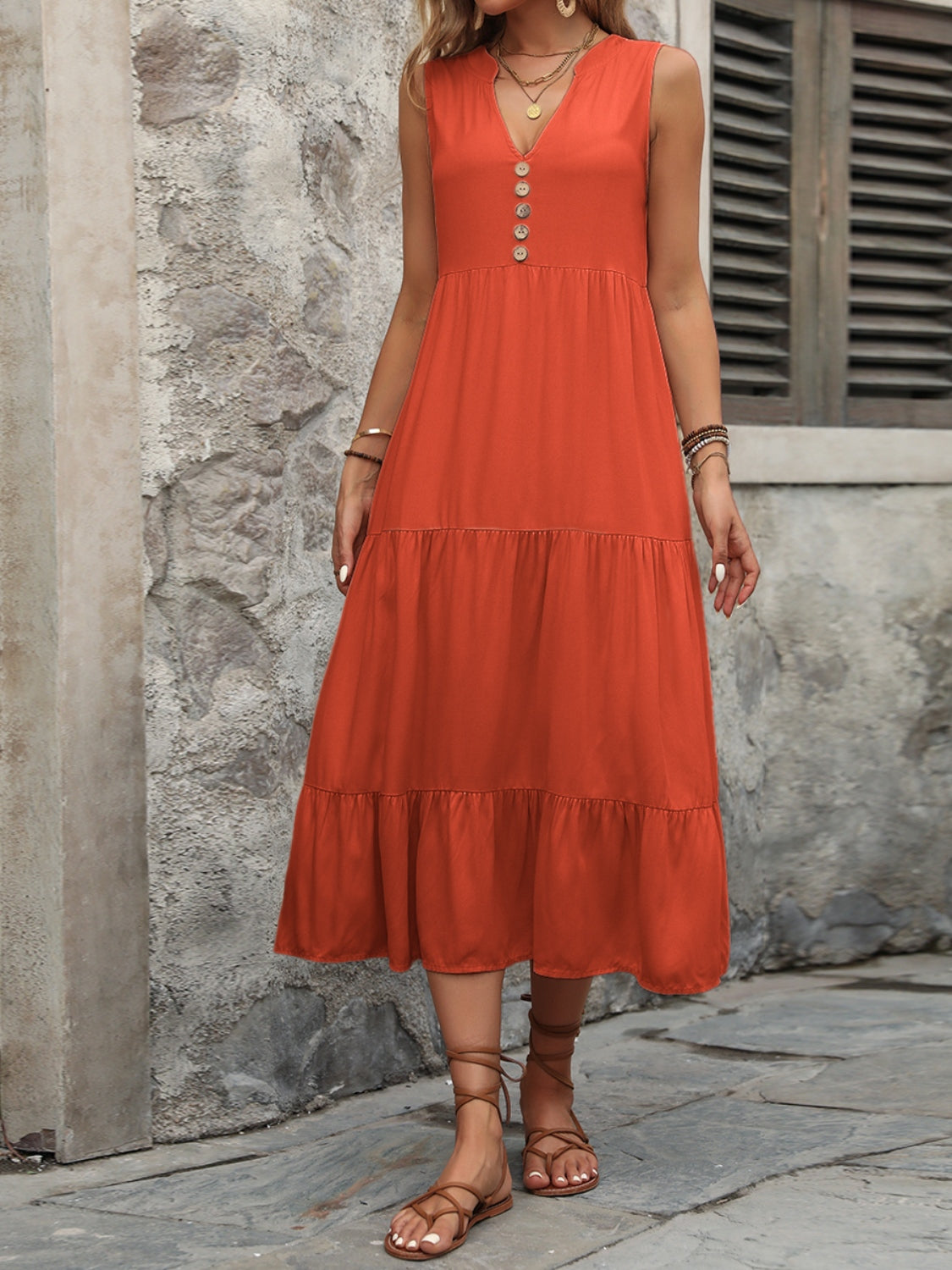 Ivy Lane Decorative Button Notched Sleeveless Dress.