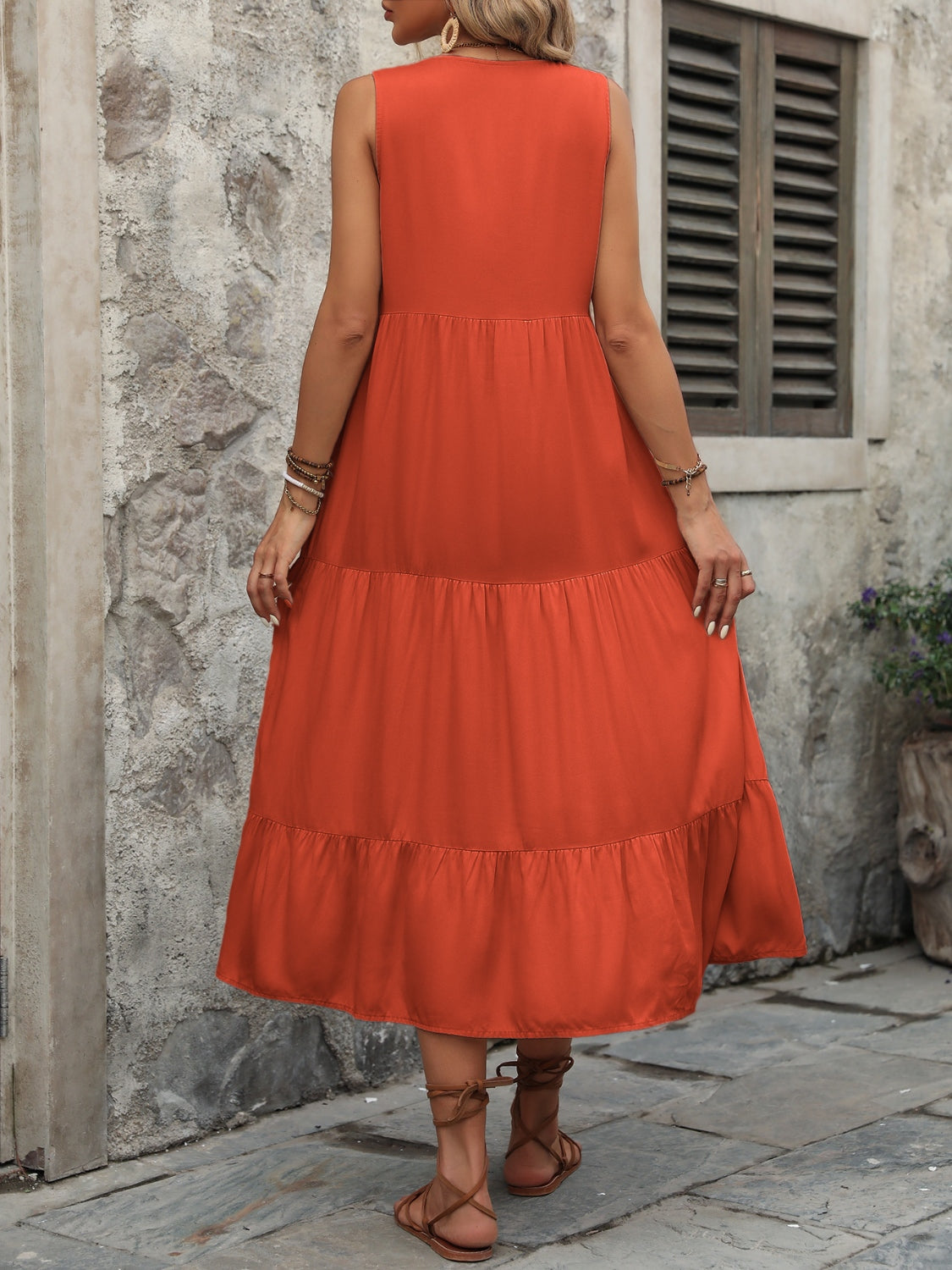 Ivy Lane Decorative Button Notched Sleeveless Dress.