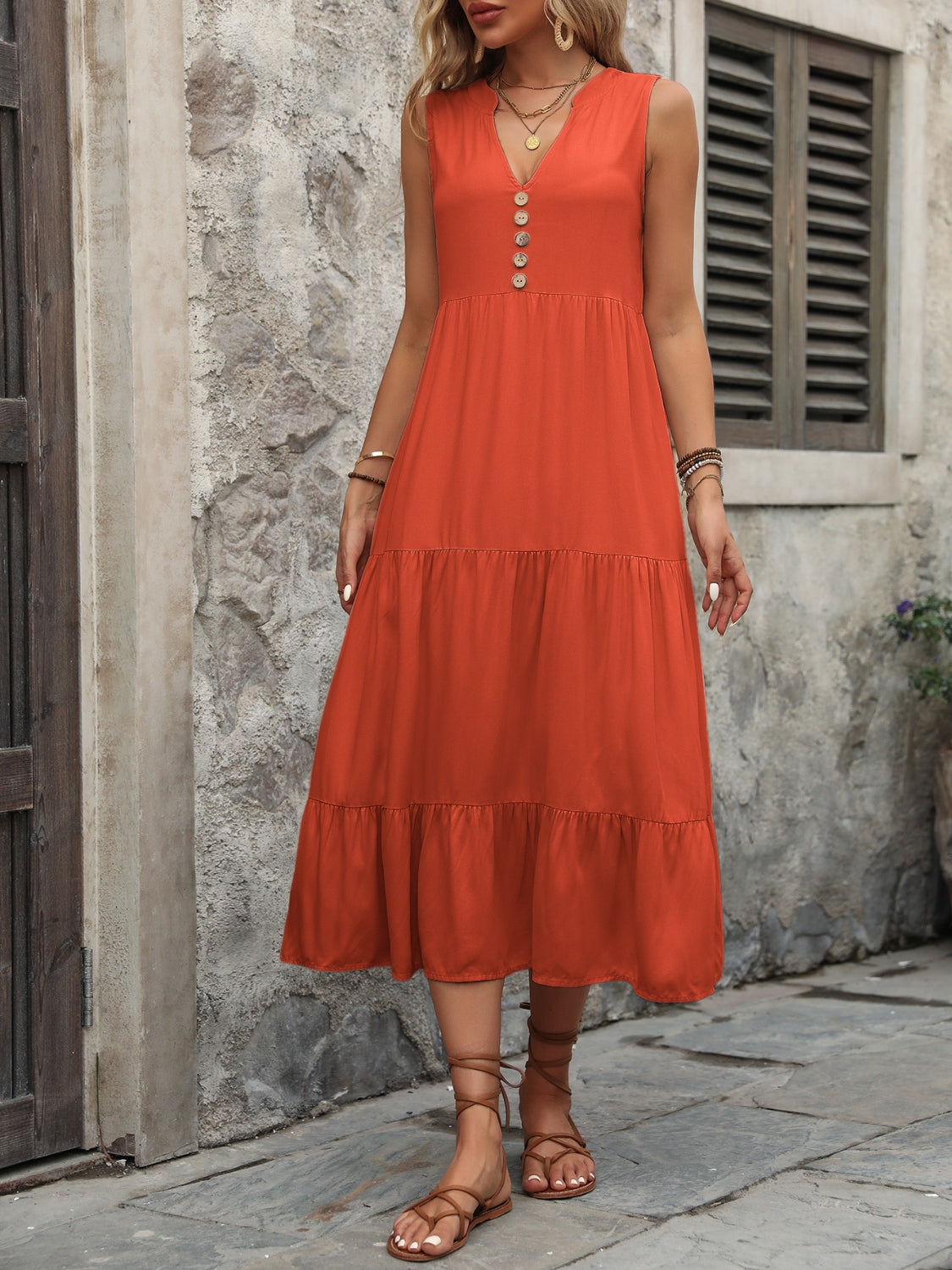 Ivy Lane Decorative Button Notched Sleeveless Dress.