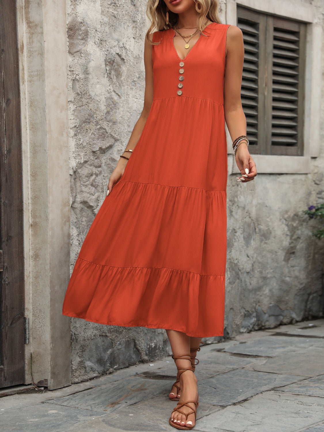 Ivy Lane Decorative Button Notched Sleeveless Dress.