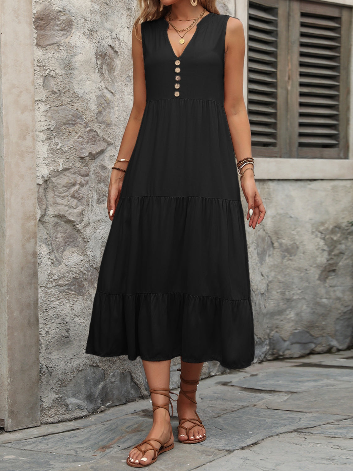 Ivy Lane Decorative Button Notched Sleeveless Dress.