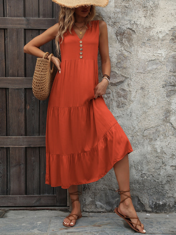 Ivy Lane Decorative Button Notched Sleeveless Dress.