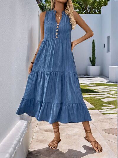 Perfee Decorative Button Notched Sleeveless Tiered Dress.