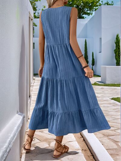 Perfee Decorative Button Notched Sleeveless Tiered Dress.