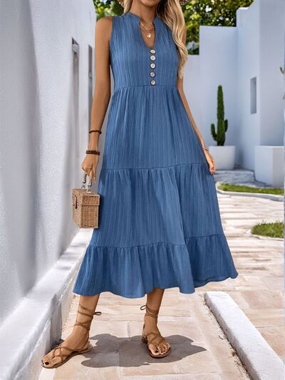 Perfee Decorative Button Notched Sleeveless Tiered Dress.